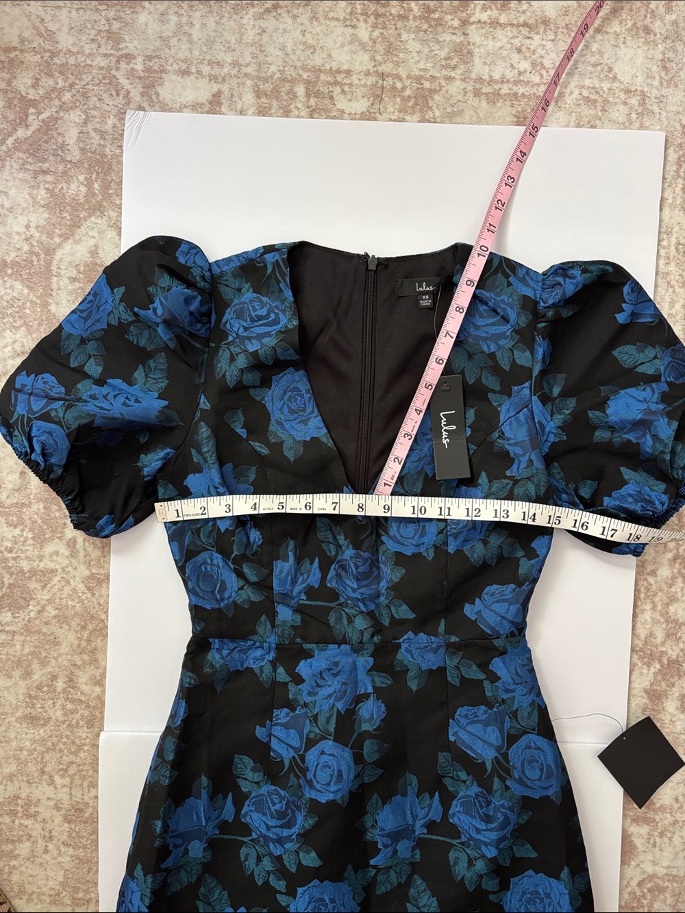 Blue Floral taffeta Puff Sleeve V-Neck Mini Dress - Picture 7 of 10